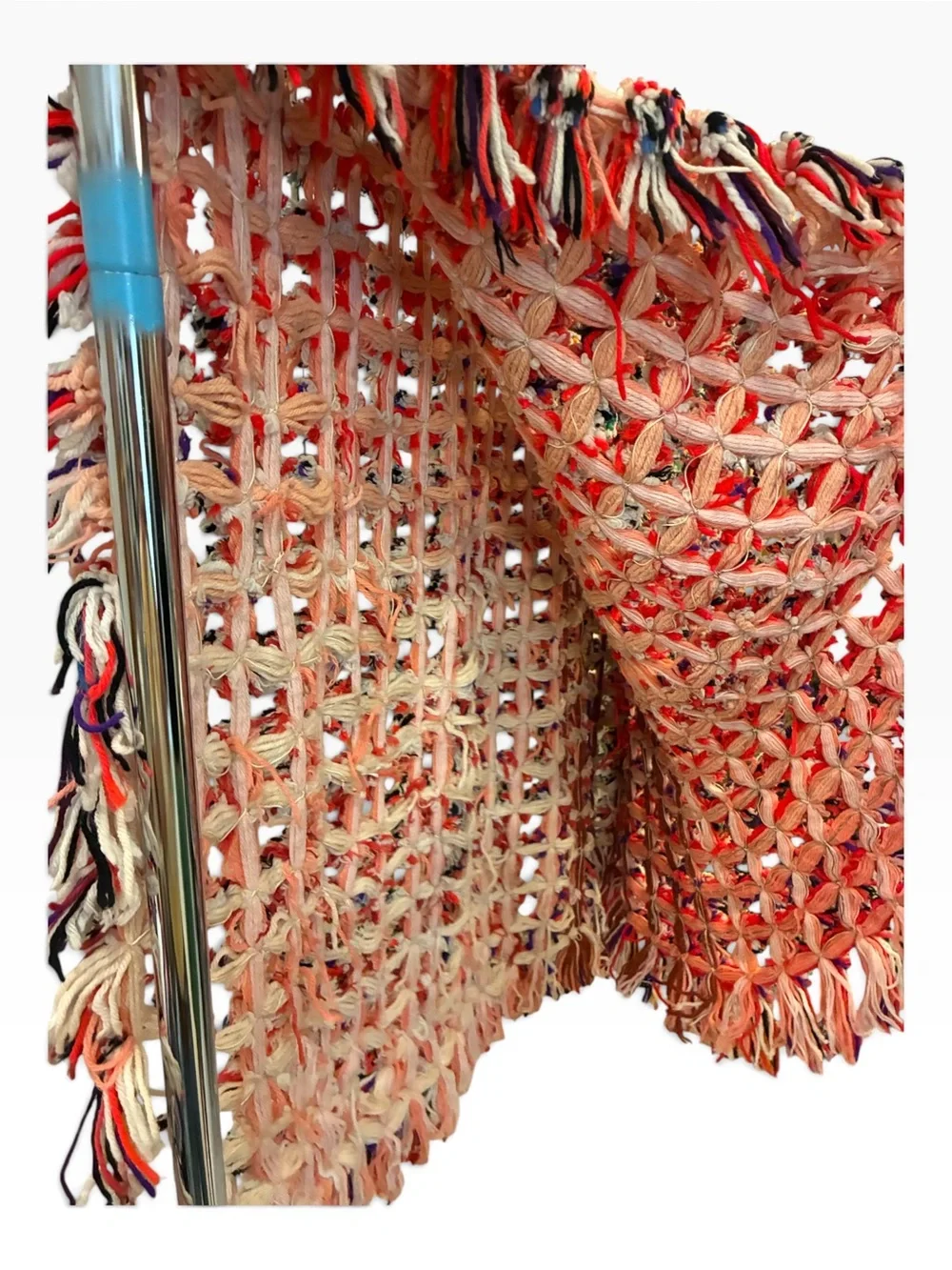 Unique Woven Pom Pom and weave multicolored yarn throw blanket. Hand made. 5’x5